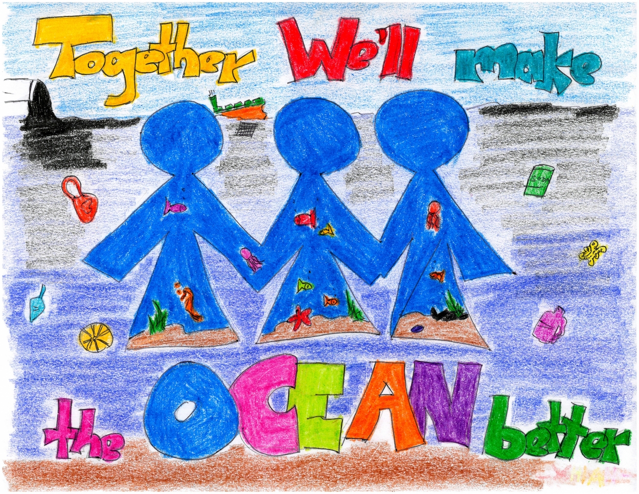 Drawing of three people holding hands by the ocean with the text "Together We'll Make the OCEAN better"